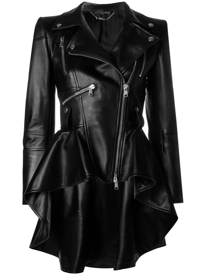 Alexander Mcqueen Zip-Front Peplum Leather Moto Jacket In Black | ModeSens
