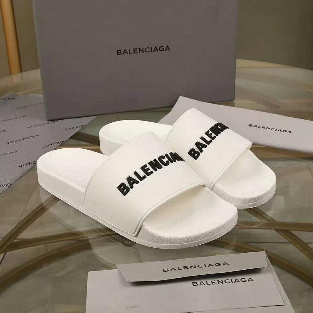 Balenciaga Logo-print Leather Slides In White | ModeSens