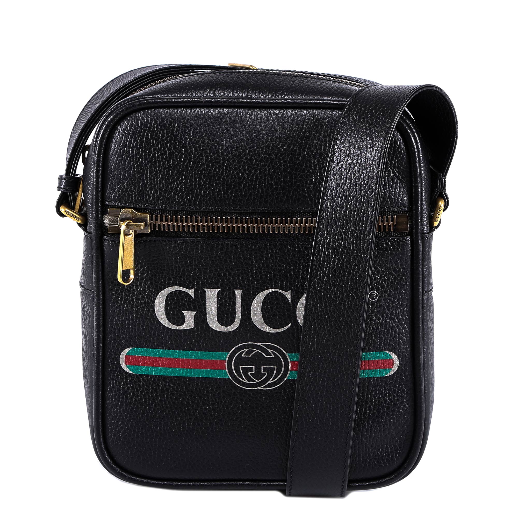 Gucci 黑色logo印花牛皮邮差包 | ModeSens